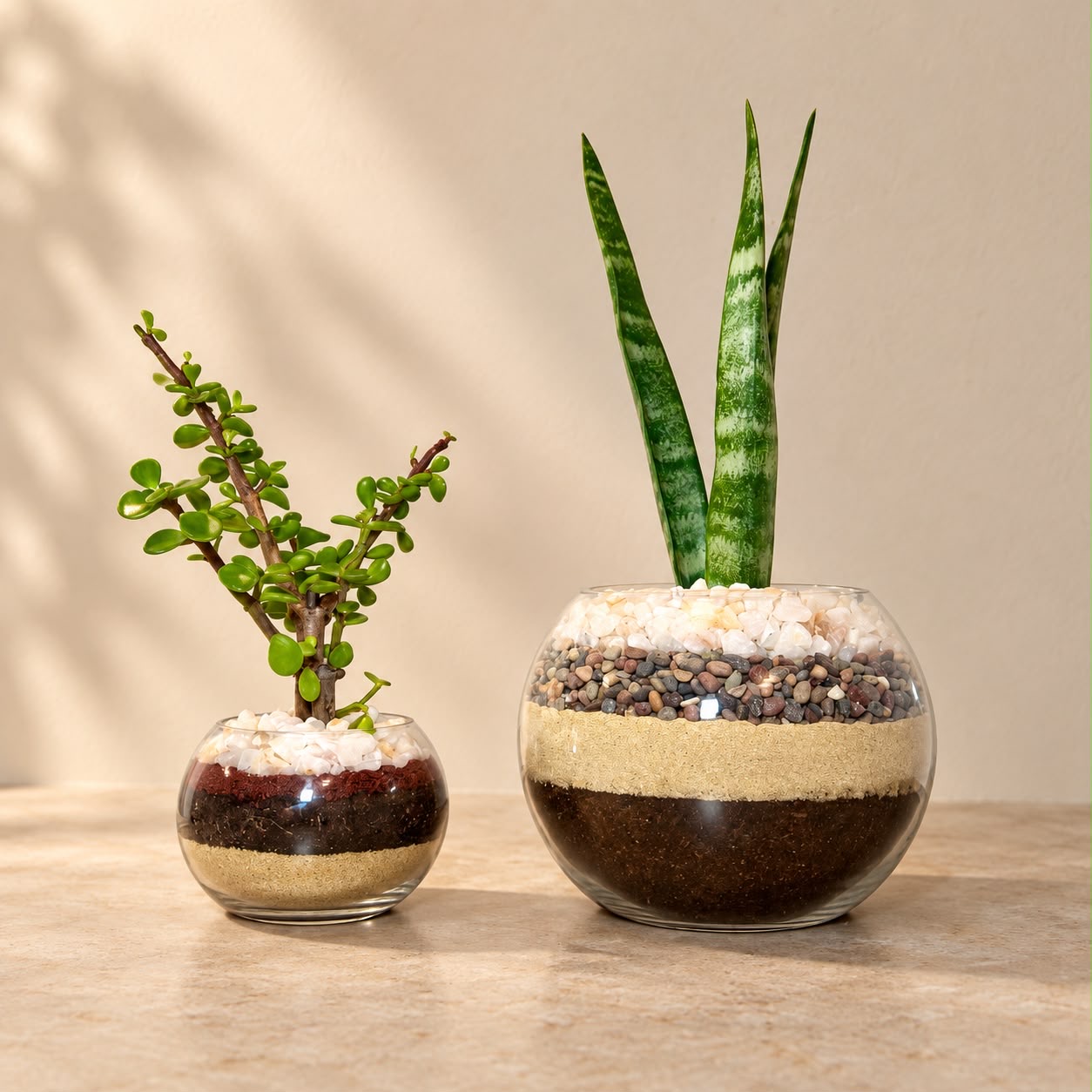 Mini Jade y Lengua de Suegra juntas en bowls de vidrio
