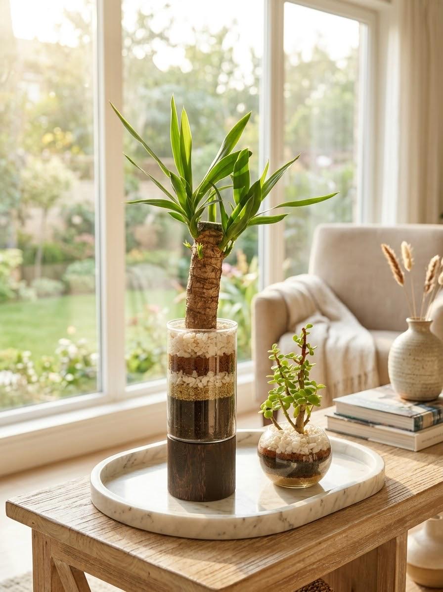 Dúo Equilibrio con Torre Yuca y Mini Bowl Jade en una mesa junto a una ventana