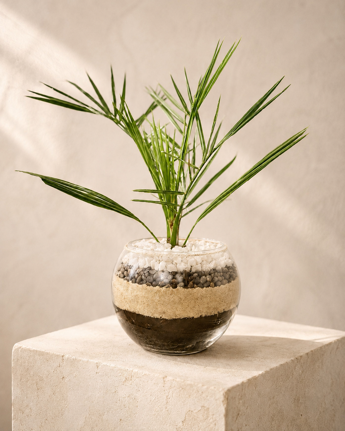 Palma mini natural en bowl de vidrio para decorar o regalar